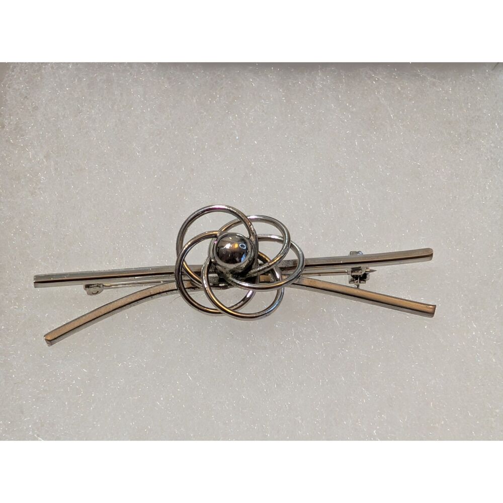 Vintage Silver Tone Atomic Wire Knot Bar Brooch Pin – 2.5” Mid Century Modern